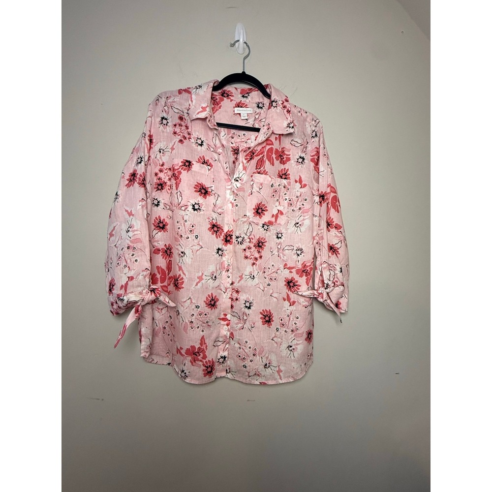 Charter Club Button Down Shirt Pink Floral Linen Tie Sleeve Women Size L